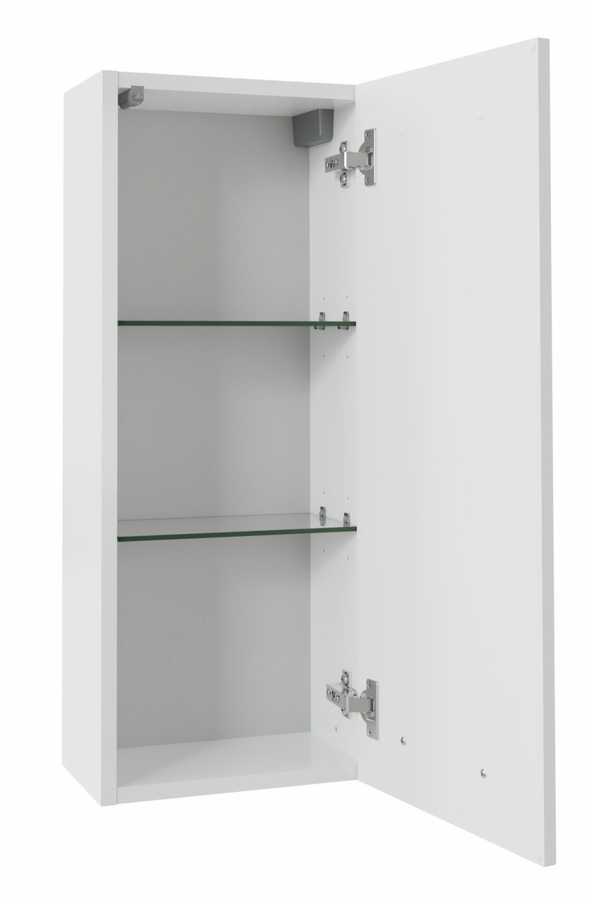 XORA Hängeschrank SERIE 3006 Weißer Hängeschrank mit geöffneter Tür und zwei Glasböden, seitliche Perspektive