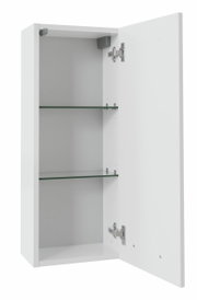 Weißer Hängeschrank mit geöffneter Tür und zwei Glasböden, seitliche Perspektive