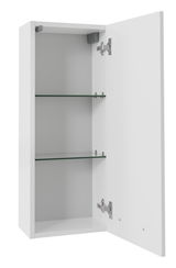 Weißer Hängeschrank mit geöffneter Tür und zwei Glasböden, seitliche Perspektive