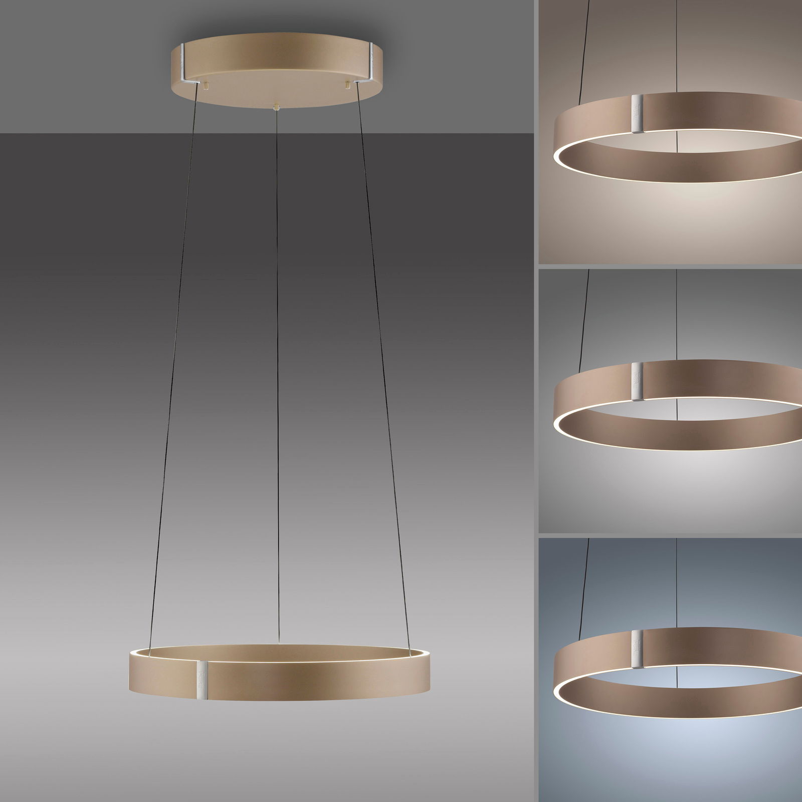 Moderne LED-Pendelleuchte in Ringform, aus der Seiten- und Vorderansicht gezeigt, mit warmem Lichtschein.