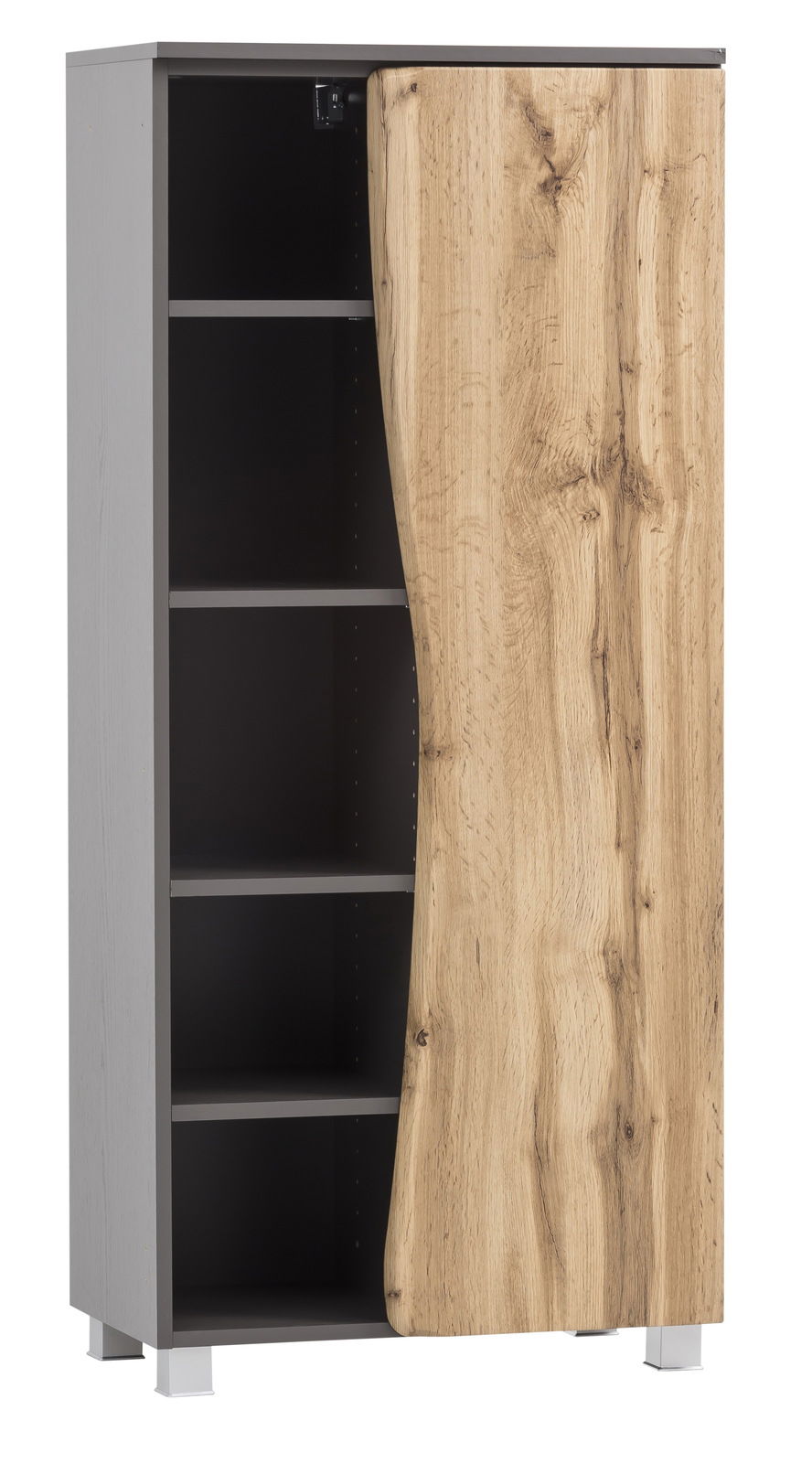 XORA Midischrank VILLACH Midischrank 60 mit offener Tür, zeigt mehrere Regalböden, Perspektive von vorne links