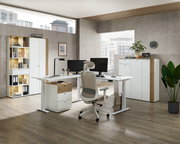 Moderne Büroumgebung mit Eckschreibtisch, Bürostuhl und Regalen, seitliche Perspektive