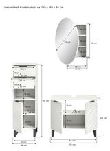 Badkombination bestehend aus einem hohen Schrank mit Schubladen und Türen, einem ovalen Spiegel mit integriertem Regal und einem Unterschrank mit Türen, aus der Frontansicht.