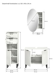 Badkombination bestehend aus einem hohen Schrank mit Schubladen und Türen, einem ovalen Spiegel mit integriertem Regal und einem Unterschrank mit Türen, aus der Frontansicht.