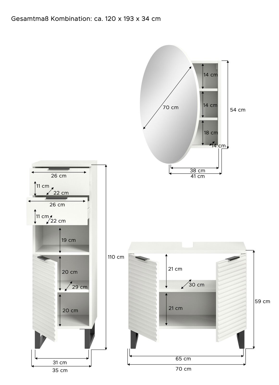 Badkombination bestehend aus einem hohen Schrank mit Schubladen und Türen, einem ovalen Spiegel mit integriertem Regal und einem Unterschrank mit Türen, aus der Frontansicht.