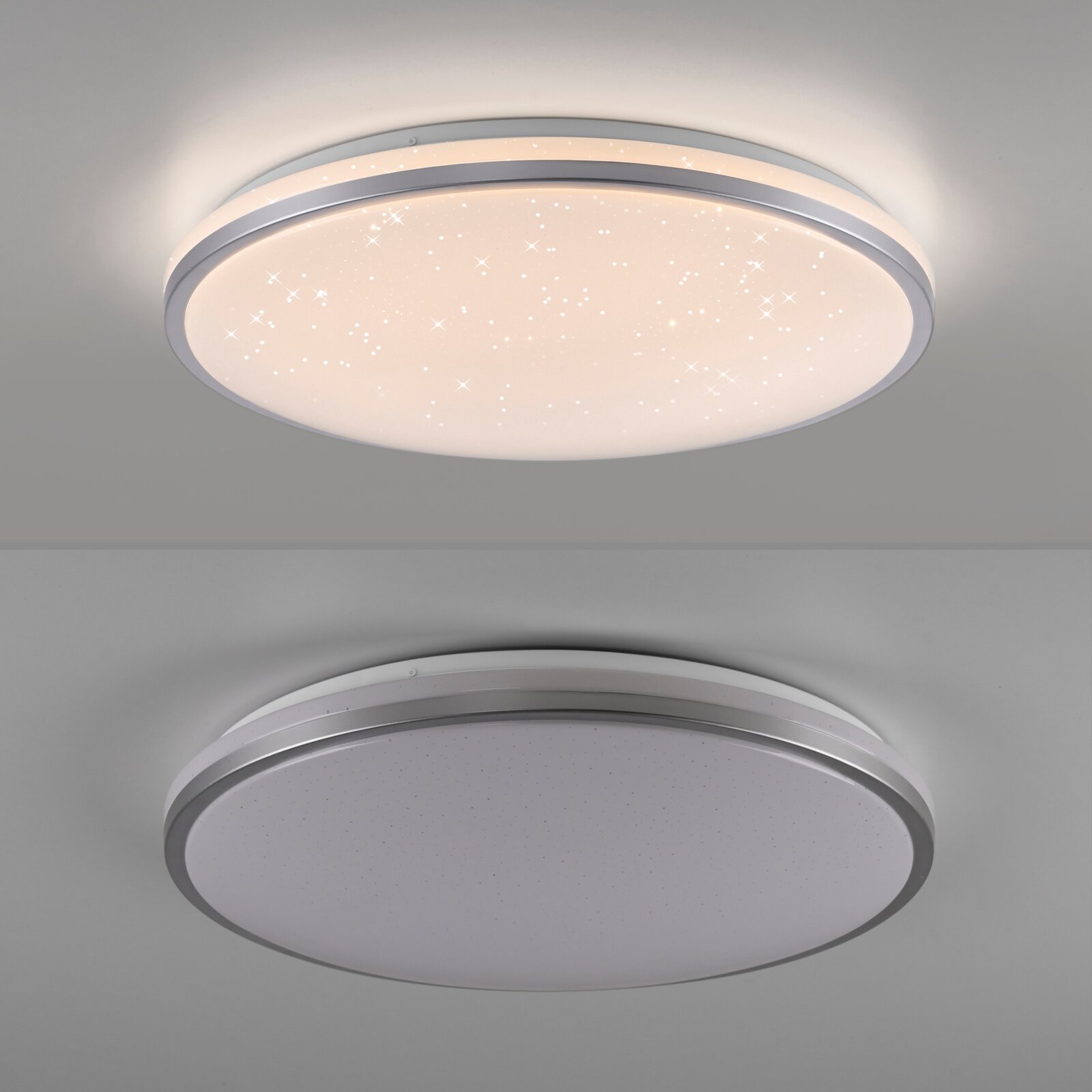 Runde LED-Deckenleuchte mit Sternenhimmel-Effekt und silbernem Rahmen, warmweiß leuchtend, in Untersicht von unten an der Decke fotografiert