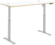 Moderner höhenverstellbarer E-Schreibtisch mit weißer Tischplatte und grauem Gestell, seitliche Perspektive