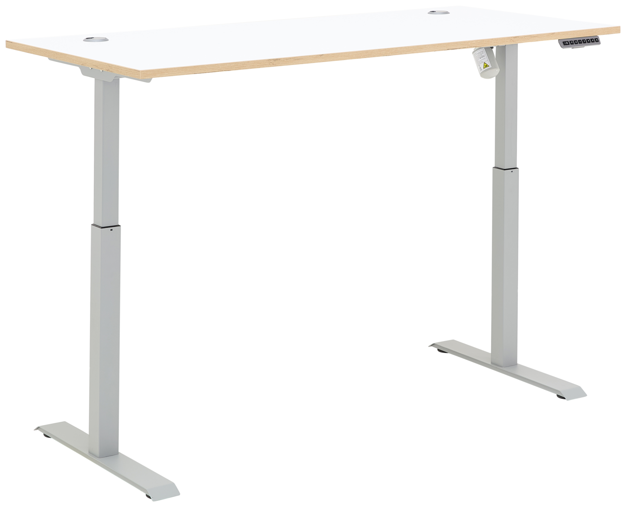 Moderner höhenverstellbarer E-Schreibtisch mit weißer Tischplatte und grauem Gestell, seitliche Perspektive