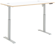 Moderner höhenverstellbarer E-Schreibtisch mit weißer Tischplatte und grauem Gestell, seitliche Perspektive