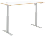 Moderner höhenverstellbarer E-Schreibtisch mit weißer Tischplatte und grauem Gestell, seitliche Perspektive
