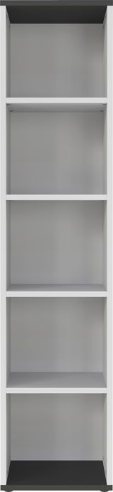 Frontale Ansicht eines schmalen Aktenregals mit fünf offenen Fächern in modernem Design.