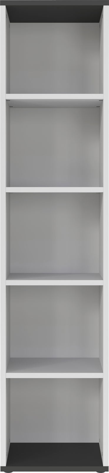 Frontale Ansicht eines schmalen Aktenregals mit fünf offenen Fächern in modernem Design.