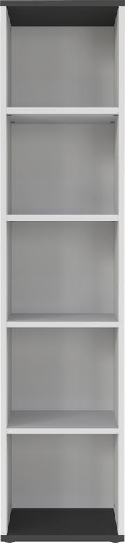 Frontale Ansicht eines schmalen Aktenregals mit fünf offenen Fächern in modernem Design.