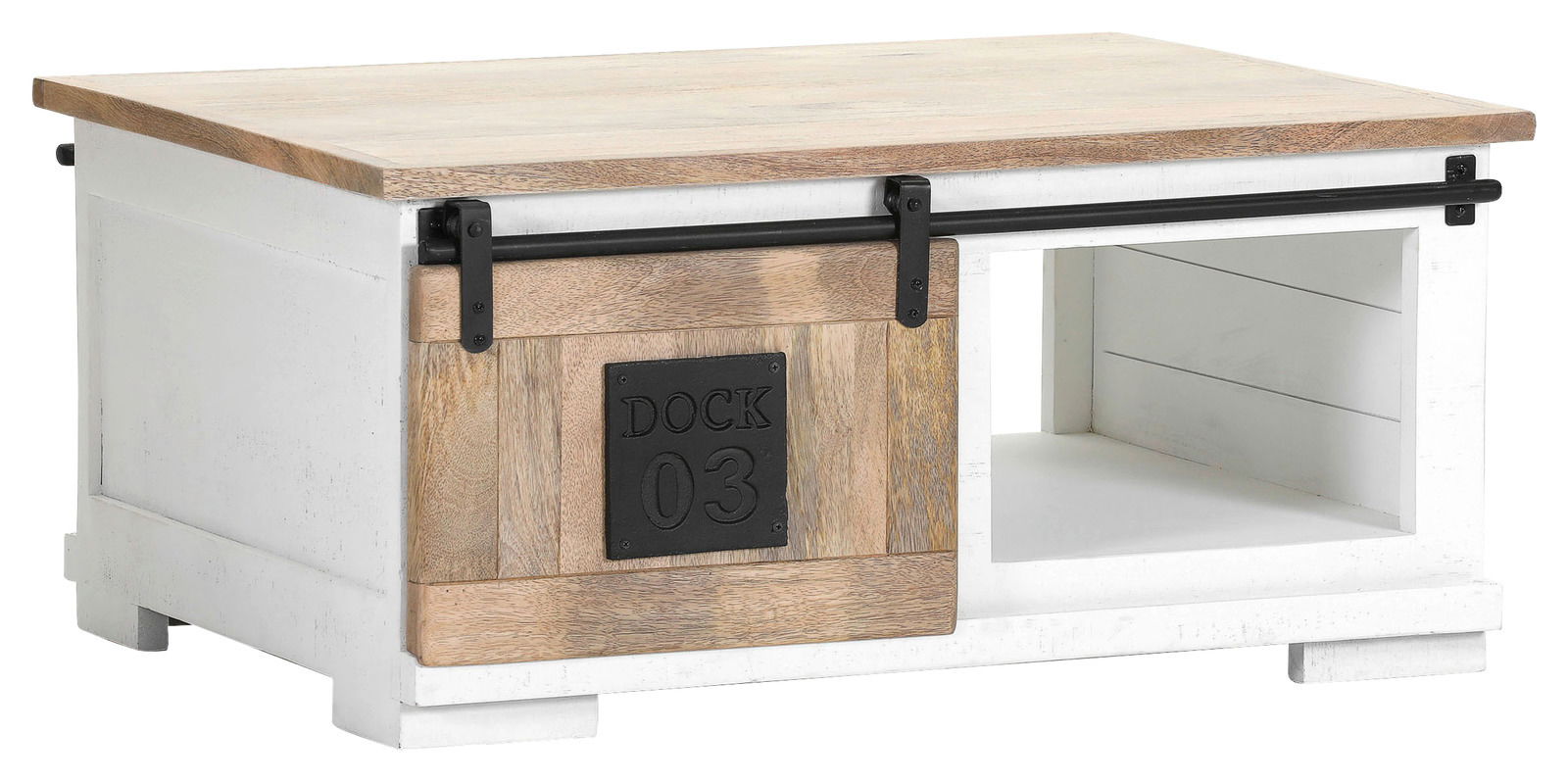 Z2 Couchtisch DOCK 03 Rustikaler Couchtisch mit Schiebetür und offener Ablage, seitliche Perspektive