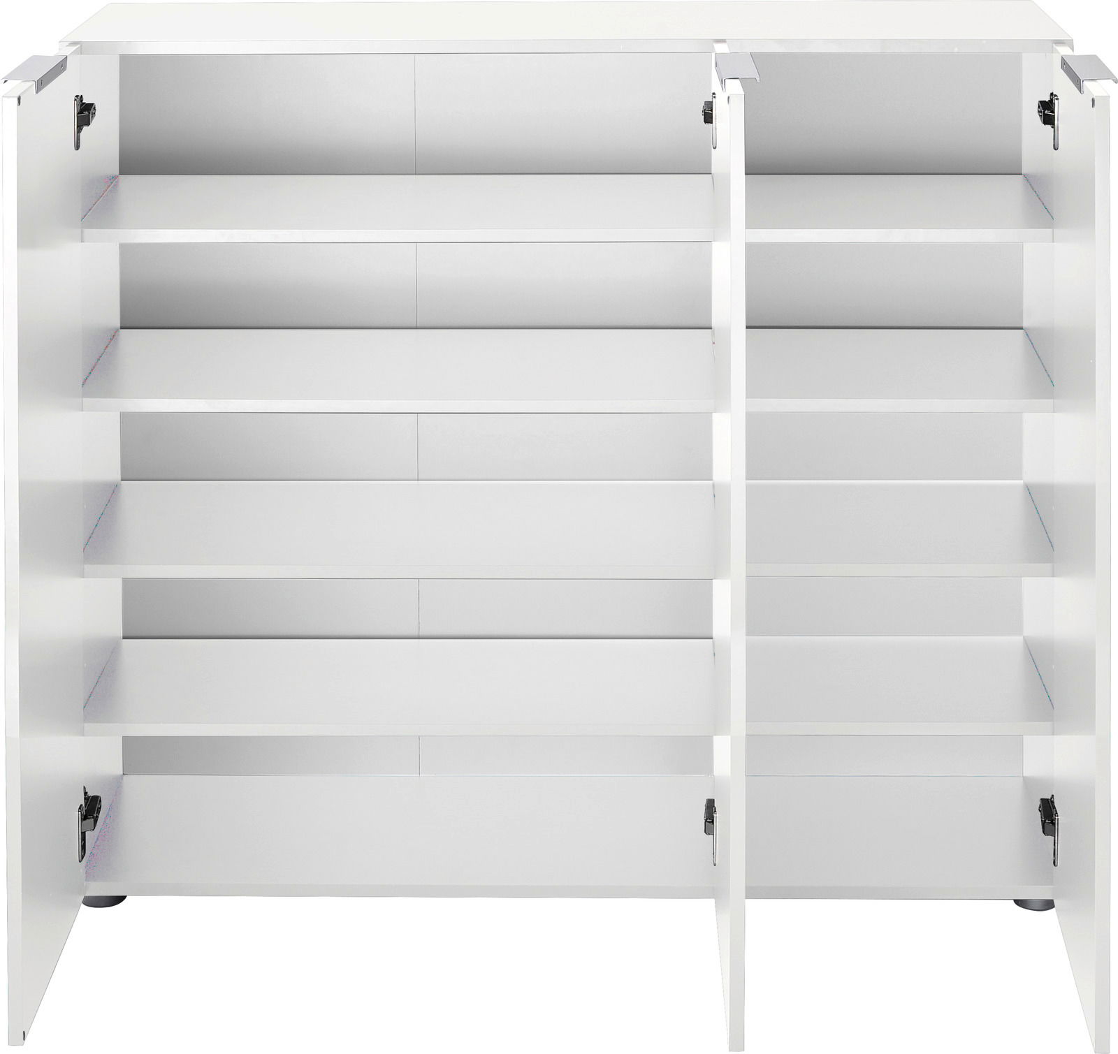 Weiße Garderobenkombination mit mehreren offenen Regalfächern, frontal betrachtet.