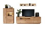 Moderne Wandkombination aus Holz mit TV-Schrank, Regal und Vitrine, frontal betrachtet.