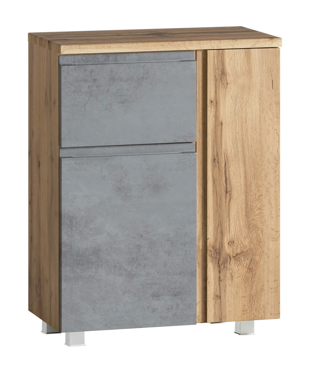 Moderner Unterschrank 65 cm mit grauer und holzfarbener Front, seitliche Perspektive