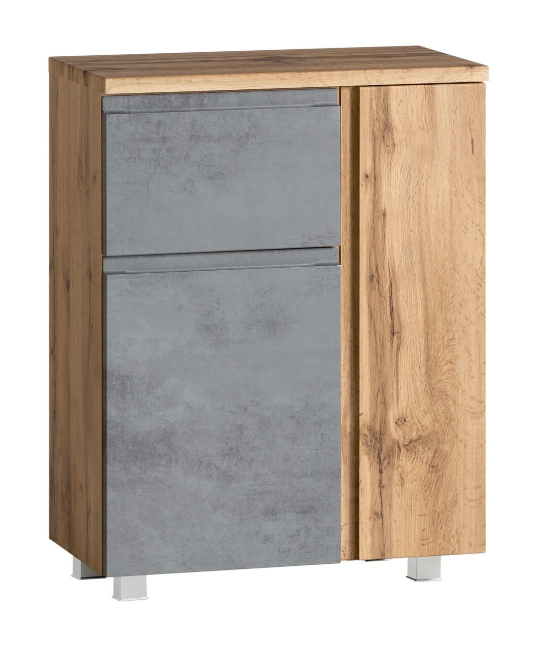 XORA Unterschrank VARESE Moderner Unterschrank 65 cm mit grauer und holzfarbener Front, seitliche Perspektive