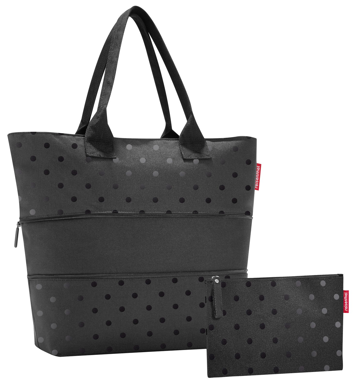 Schwarzes Shopper-Set mit glänzenden Punkten, bestehend aus einer großen Tasche und einer kleineren Tasche, Vorderansicht