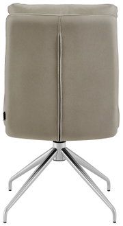 Rückansicht eines modernen Stuhls mit drehbarem Metallfußgestell und gepolsterter Rückenlehne in Beige.