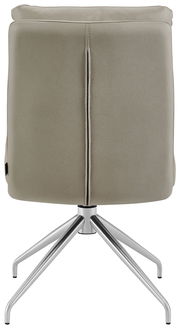 Rückansicht eines modernen Stuhls mit drehbarem Metallfußgestell und gepolsterter Rückenlehne in Beige.