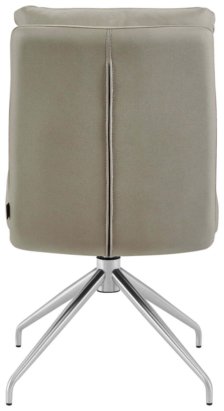 Rückansicht eines modernen Stuhls mit drehbarem Metallfußgestell und gepolsterter Rückenlehne in Beige.