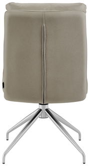 Rückansicht eines modernen Stuhls mit drehbarem Metallfußgestell und gepolsterter Rückenlehne in Beige.