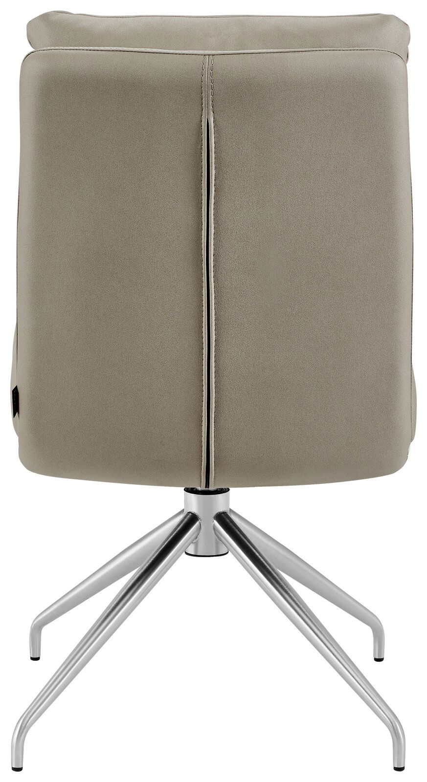 Rückansicht eines modernen Stuhls mit drehbarem Metallfußgestell und gepolsterter Rückenlehne in Beige.