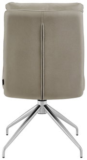 Rückansicht eines modernen Stuhls mit drehbarem Metallfußgestell und gepolsterter Rückenlehne in Beige.