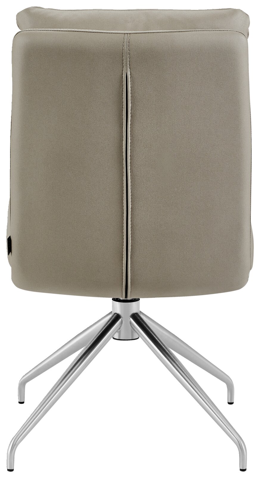 Rückansicht eines modernen Stuhls mit drehbarem Metallfußgestell und gepolsterter Rückenlehne in Beige.