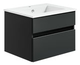 Schwarze Badkombination mit Waschbecken, seitliche Perspektive