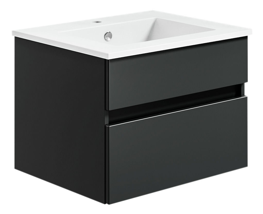 Schwarze Badkombination mit Waschbecken, seitliche Perspektive