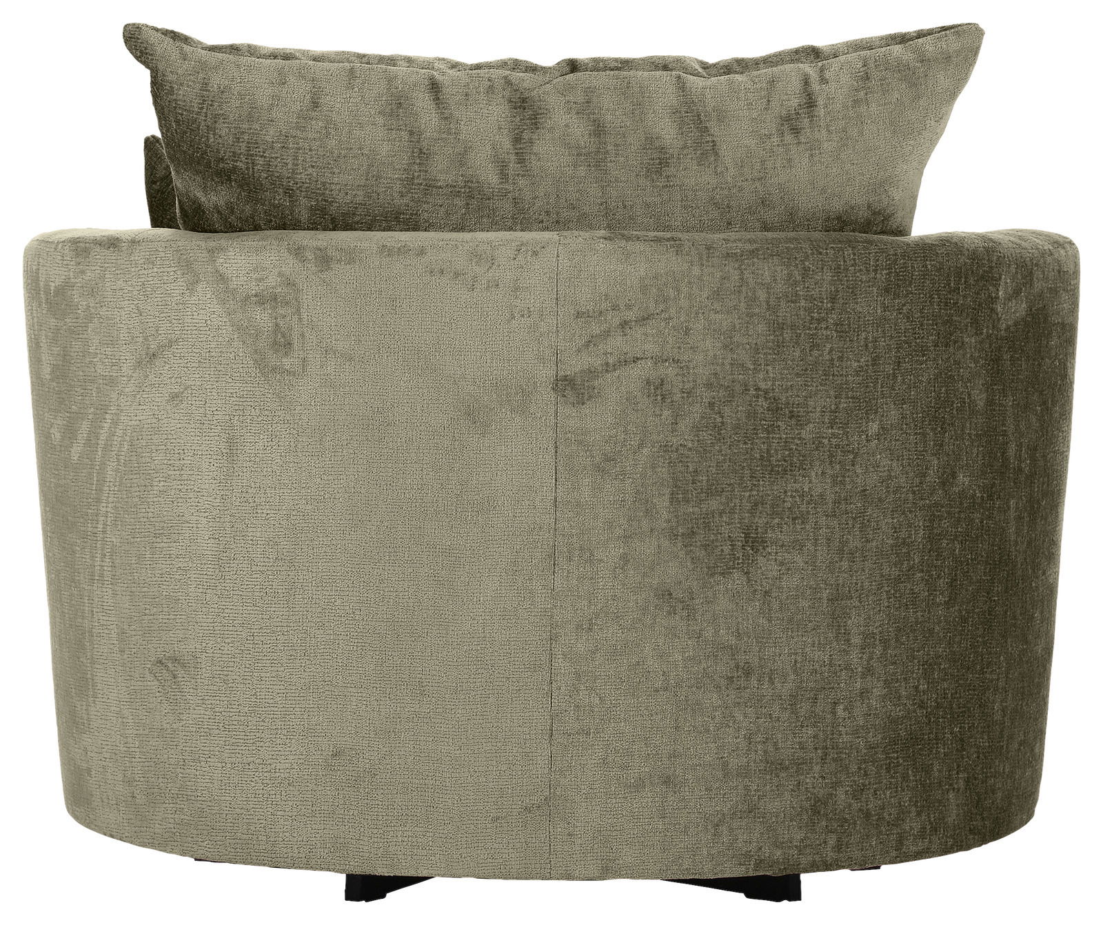 Rückansicht eines grünen Sessels mit weichem Stoffbezug und einem großen Rückenkissen.