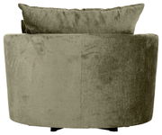 Rückansicht eines grünen Sessels mit weichem Stoffbezug und einem großen Rückenkissen.