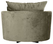 Rückansicht eines grünen Sessels mit weichem Stoffbezug und einem großen Rückenkissen.