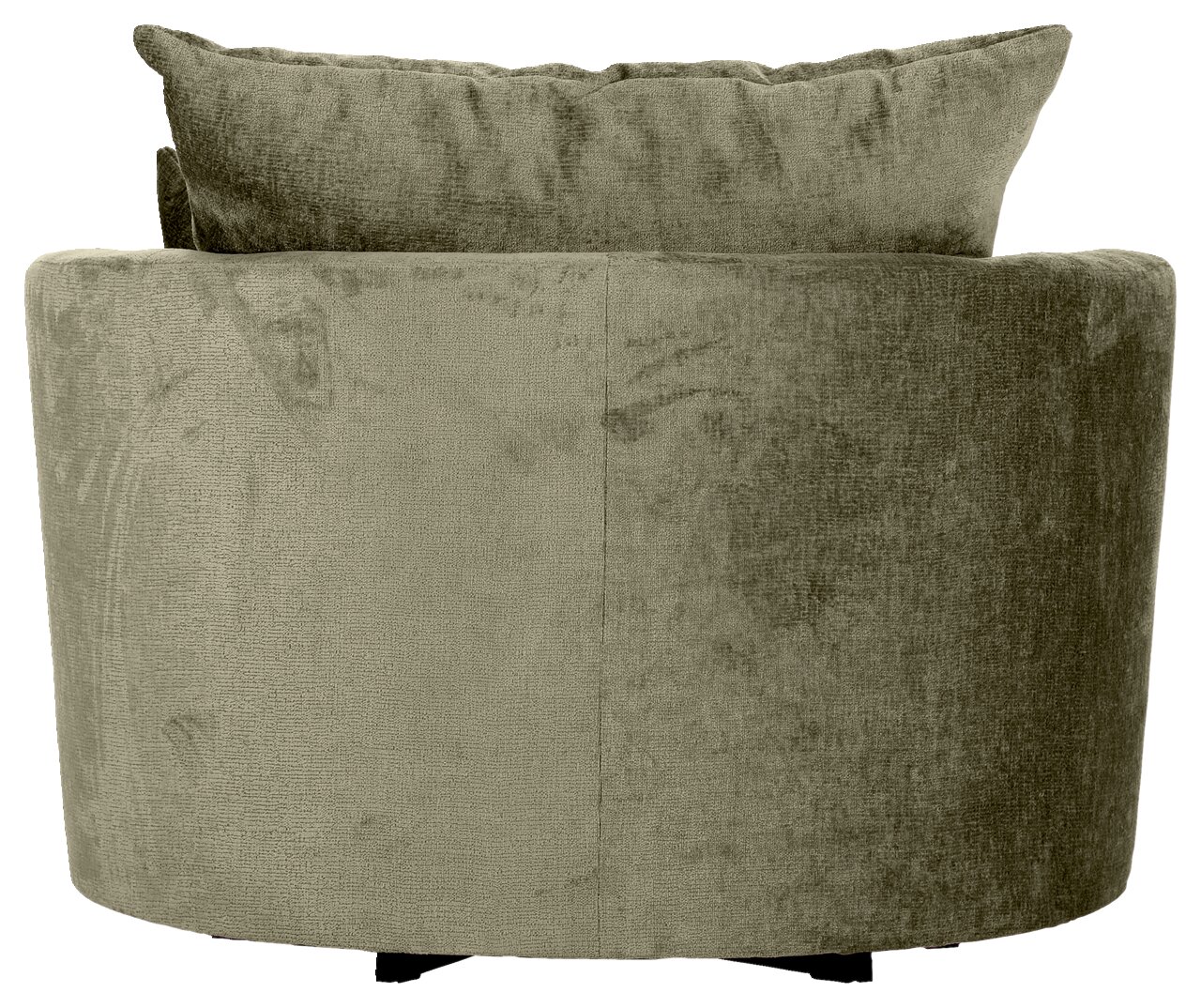 Achterkant van een groene fauteuil met een zachte stoffen bekleding en een groot rugkussen.