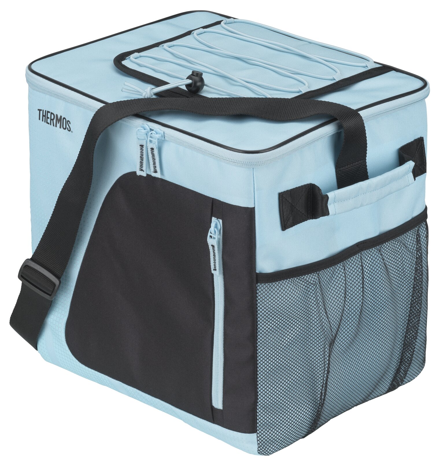 Lichtblauwe Thermos-koeltas met zwarte accenten, verstelbare schouderriem, ritssluitingen, voorvak, zijvak van mesh en elastiek op het deksel, schuin van voren en boven gezien.