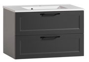 Moderner Waschtisch mit zwei Schubladen in dunklem Grau, seitliche Perspektive