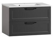 Moderner Waschtisch mit zwei Schubladen in dunklem Grau, seitliche Perspektive