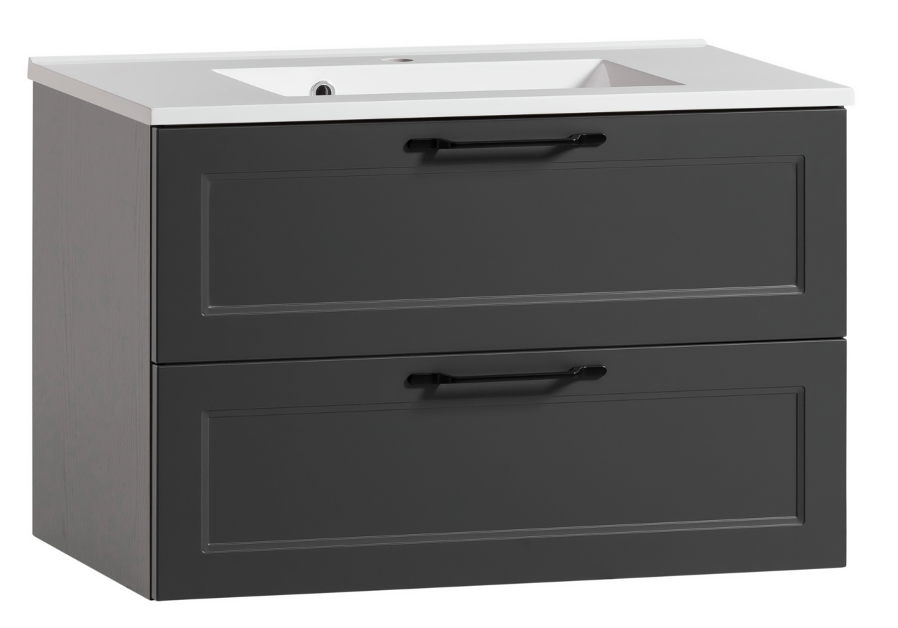 Moderner Waschtisch mit zwei Schubladen in dunklem Grau, seitliche Perspektive