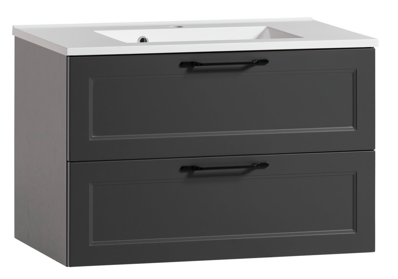 XORA Waschtisch-Set MERAN Moderner Waschtisch mit zwei Schubladen in dunklem Grau, seitliche Perspektive