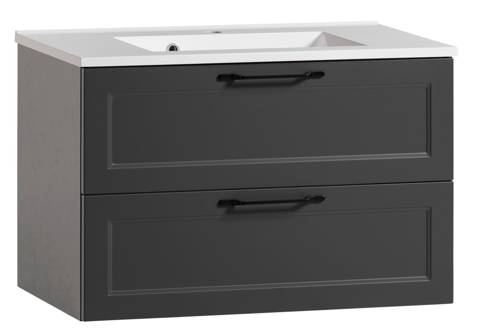 Moderner Waschtisch mit zwei Schubladen in dunklem Grau, seitliche Perspektive