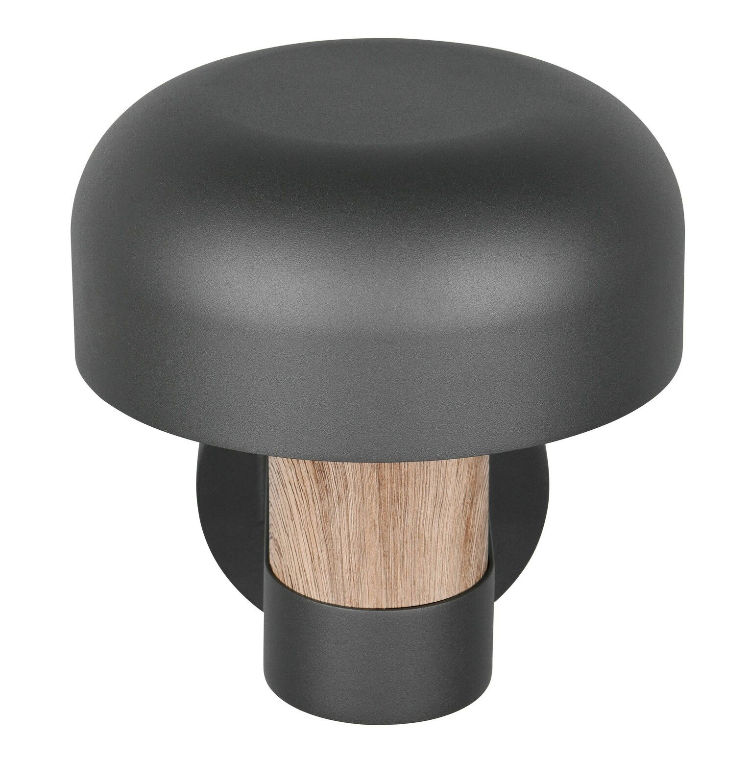 LED-Außenwandleuchte in modernem Design mit dunklem Schirm und Holzdetail, seitliche Perspektive