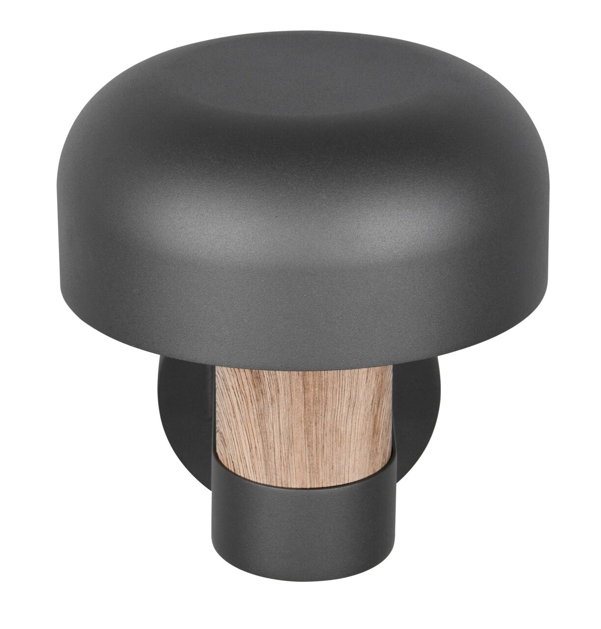 LED-Außenwandleuchte in modernem Design mit dunklem Schirm und Holzdetail, seitliche Perspektive