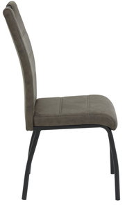 Seitenansicht eines modernen Stuhls mit gepolstertem Sitz und Rückenlehne in dunklem Stoff, auf schwarzem Metallgestell.