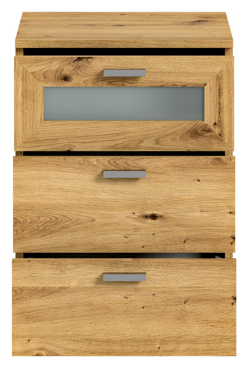 Frontansicht einer Nachtkommode aus Holz mit drei Schubladen, die obere mit Glaseinsatz.