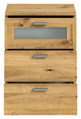 Frontansicht einer Nachtkommode aus Holz mit drei Schubladen, die obere mit Glaseinsatz.