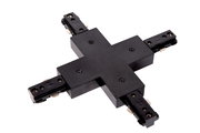 Schwarzer X-Verbinder für Schienensysteme, aus der Vogelperspektive fotografiert.