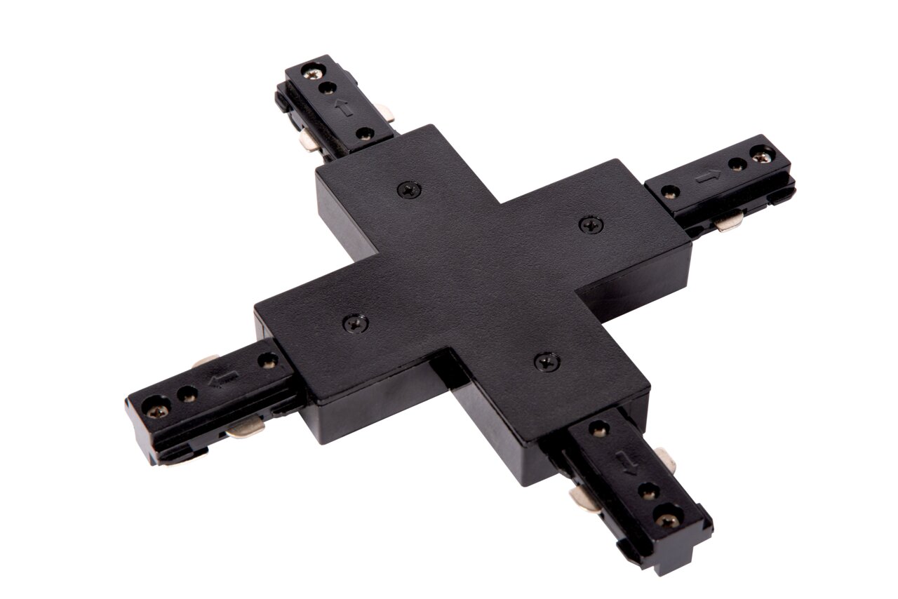 Schwarzer X-Verbinder für Schienensysteme, aus der Vogelperspektive fotografiert.