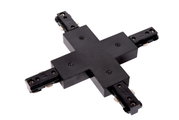 Schwarzer X-Verbinder für Schienensysteme, aus der Vogelperspektive fotografiert.